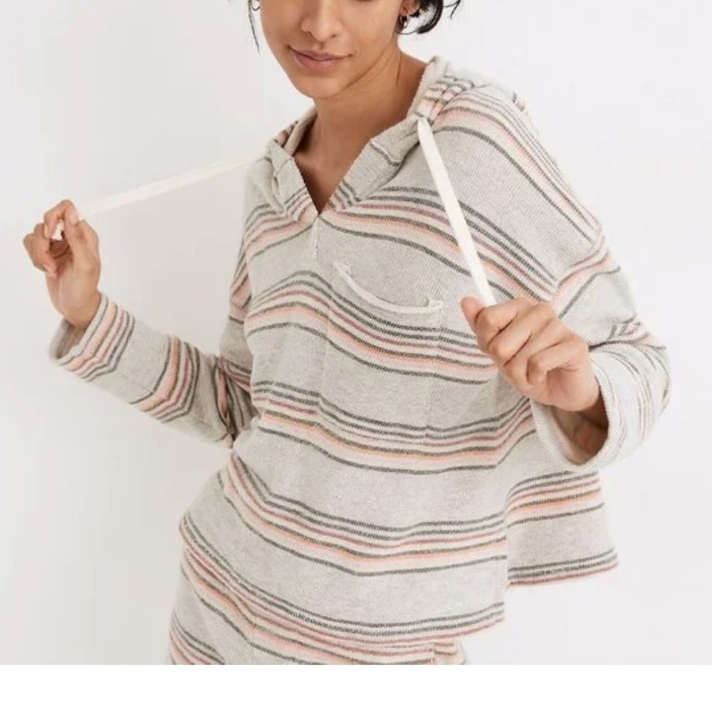 Madewell MWL Popover Hoodie Sweatshirt in Sorrento Stripe Grey Terry Knit